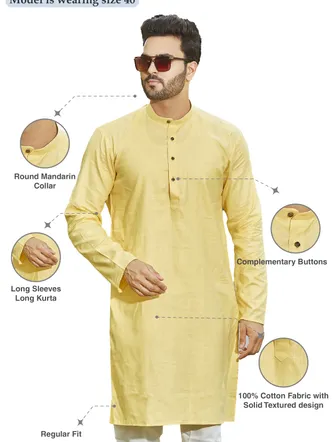 Pure Cotton Heritage Collection Solid Kurta, Yellow, Regular Fit