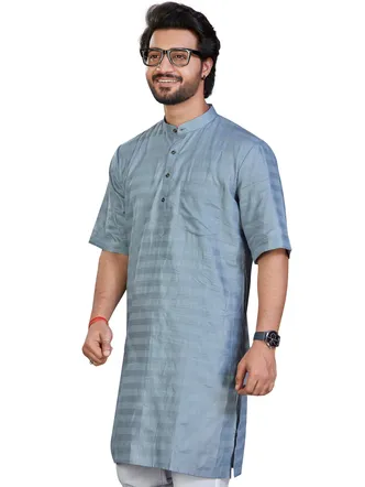 Pure Cotton Horizontal Self Striped Nexa Modi Kurta, Half Sleeves, Grey, Regular Fit