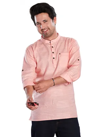 Pure Cotton Self Horizontal Striped Premium Short Kurta, Pink, Regular Fit