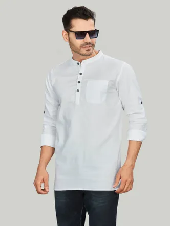 Pure Cotton Self Textured Premium Short Kurta, White, Regular Fit