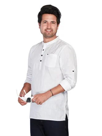 Pure Cotton Slub weave Sunrise Short Kurta, White, Regular Fit