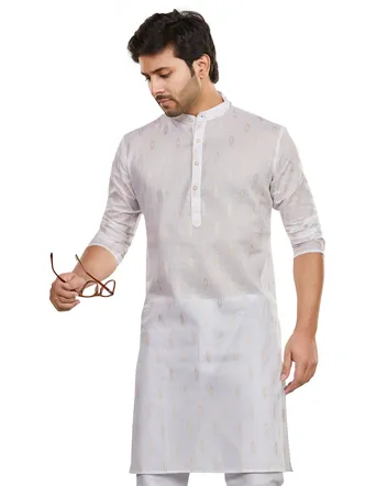 Pure Lawn Cotton Golden Buta work Premium Kurta, White, Regular Fit