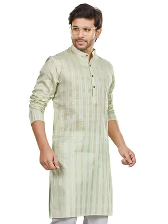 Pure Lawn Cotton Striped Golden Threadwork Premium Kurta, Green, Regular Fit