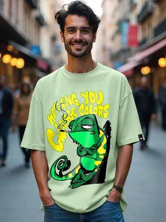 Bewakoof Men's Green Watching You Change Colours Graphic Printed Oversized T-shirt