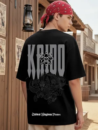 Bewakoof Official One Piece Merchandise Men's Jet Black Kaido Beast Graphic Printed Oversized T-shirt