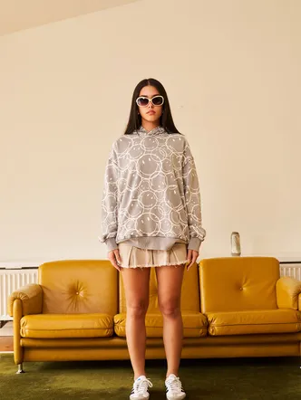 Smiley All Over Grey Faded Hoodie