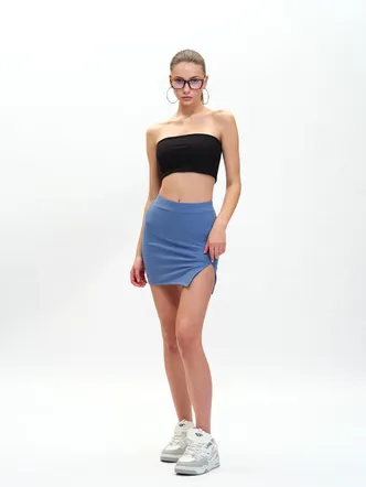 Dusty Blue Solid A-Line Slit Skirt