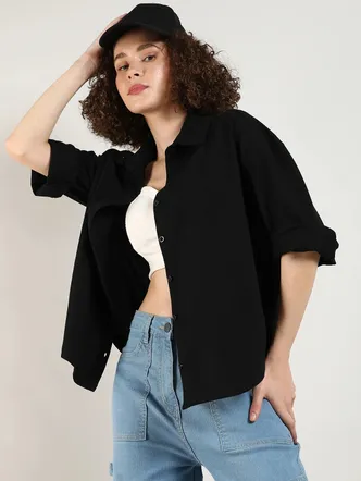 Women's Obsidian Black Solid Boxy Shirt
