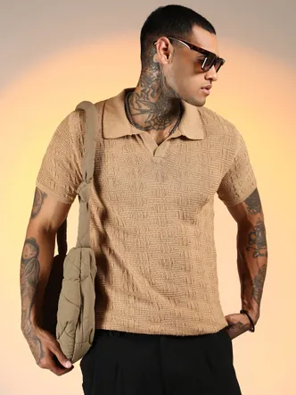 Mens-Sand-Beige-Greek-Textured-Polo-T-Shirt