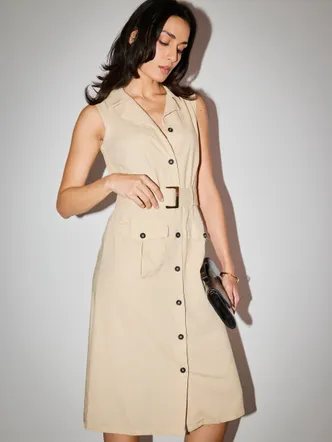 Trench Style Linen Dress - Beige