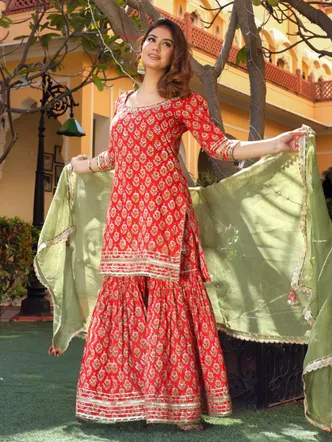 Divena Red Cotton Dabu Printed Kurta Sharara Set with Kota Doria Dupatta