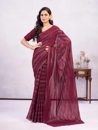 Garden Vareli Wine Stripes Printed Chiffon Saree