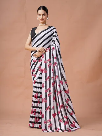 Garden Vareli Black Stripes Printed Slub Taspa Saree
