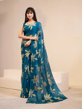 Garden Vareli Teal Printed Chiffon Sarees