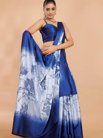 Garden Vareli Blue Floral Printed Crepe Saree