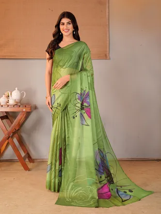 Garden Vareli Olive Green Floral Printed Chiffon Saree