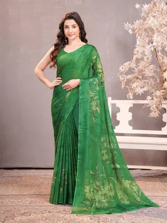 Garden Vareli Green Floral Printed Chiffon Saree