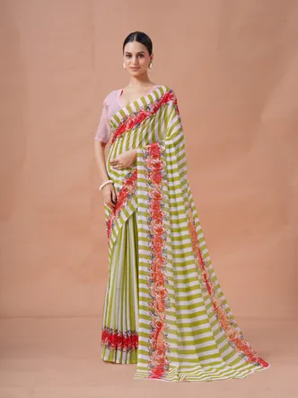 Garden Vareli Olive Stripes Printed Georgette Saree