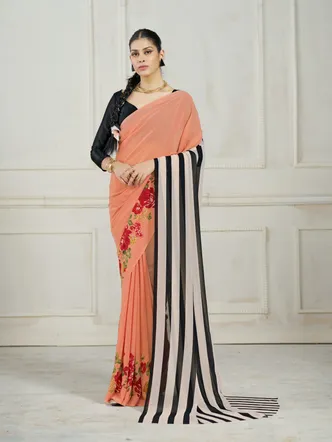 Garden Vareli Peach Striped Saree With Blouse Piece