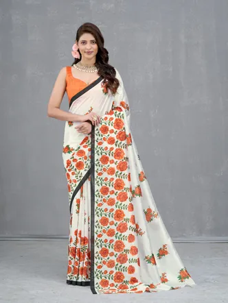 Garden Vareli Orange Floral Printed Cationic silk Saree
