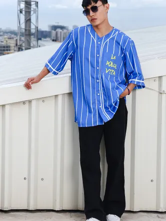 Men Stripe Printed Blue Classic Oversized Fit Baseball Shirt