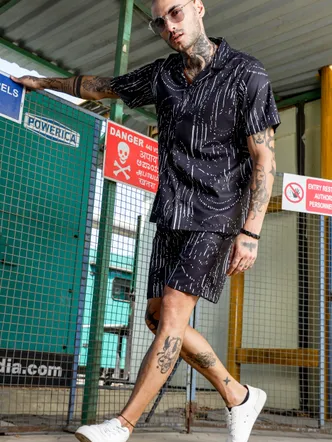 Black Geometric Printed Cuban Collar Resort Shirt & Shorts Textured Co-ord Set