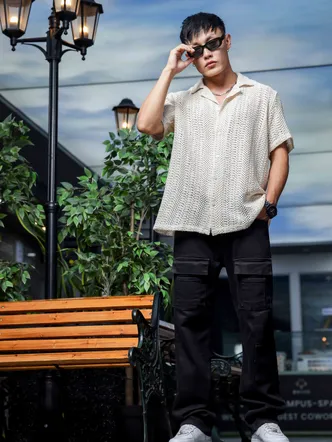 House of Koala Crochet Open Knit Relaxed Fit Pure Cotton Resort Shirt