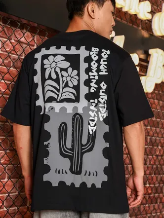 Black Oversized Printed Premium Drop-Shoulder Sleeve Pure Cotton T-shirt