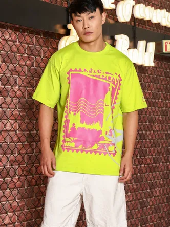 Neon Green Oversized Printed Drop-Shoulder Sleeve Pure Cotton T-shirt