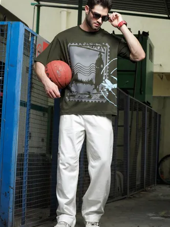 House of Koala Oversized Printed Drop-Shoulder Sleeve Pure Cotton T-shirt