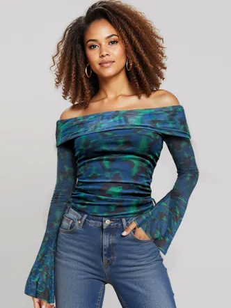 Blue Printed Off shoulder full sleeves top