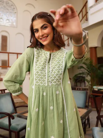 Light Green Pure Cotton Embroidered A-line Kurta Pant Set