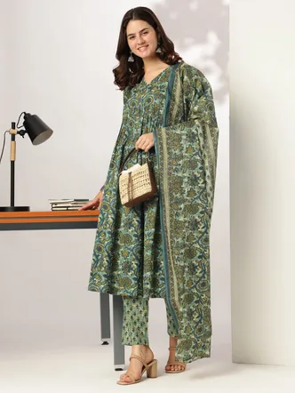 Sea Green Pure Cotton Floral Printed A-line Kurta Set