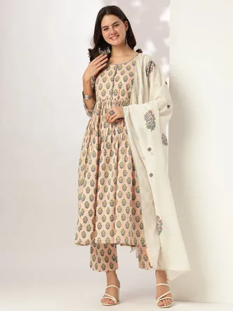 Janasya Women's Peach Pure Cotton Floral Printed A-line Kurta Set