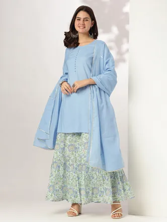Janasya Women's Light Blue Pure Cotton Solid Straight Kurta With Printed Sharara Set
