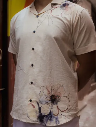 Petal Bloom Placement Printed Linen Designer Shirt