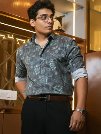 Green Floral Printed Party Wear Giza Cotton Satin Shirt