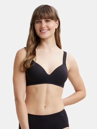 Wirefree Padded Super Combed Cotton Elastane Stretch Full Coverage Lounge Bra with Broad Cushioned Fabric Strap - Black