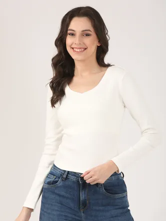 Soft Cotton Rib Sweetheart Neck Cream Top