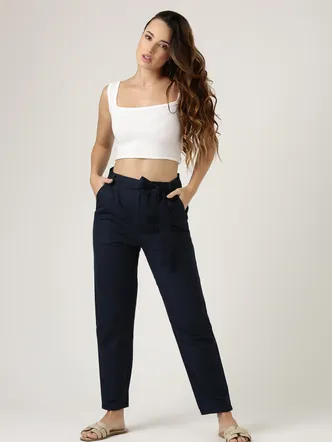 Navy Linen Straight Fit Pant With Belt