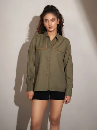Green Linen Front Panel Shirt With Thread Work Embroidery