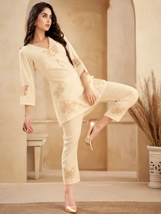 Off White Motif Golden Thread Chinnon Co-Ord Set