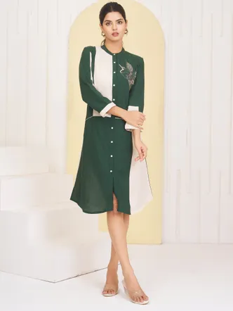 Green & White Cotton Bird Motif Embroidered Rayon Dress
