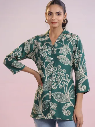 Dark Green Abstract Floral Notch Collar Russian Silk Tunic
