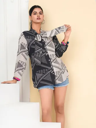 Black & Cream Abstract Printed Tie-Collar Top