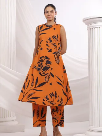 Orange & Black Bold Floral Beaded Ethnic Kurta Pant Set