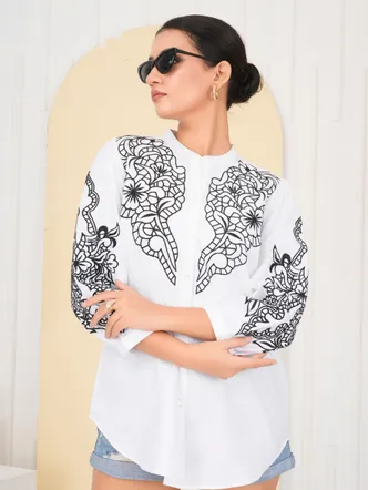 White Embroidered Mandarin Collar Cotton Poplin Shirt