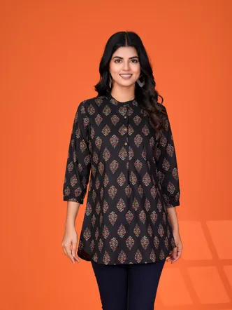 Black Handblock Print Short Kurti in Cotton Cambric