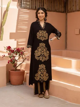 Black & Gold Motif Kurta Pant Set in German Rayon