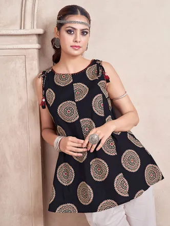 Black Color Base With Red Color Allover Medallion Printed Short Kurti